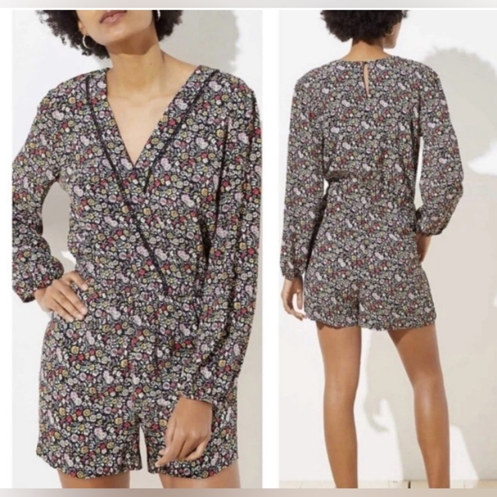 LOFT LONG SLEEVE BLACK FLORAL PRINT VNECK ELASTIC WAIST ROMPER SIZE SMALL